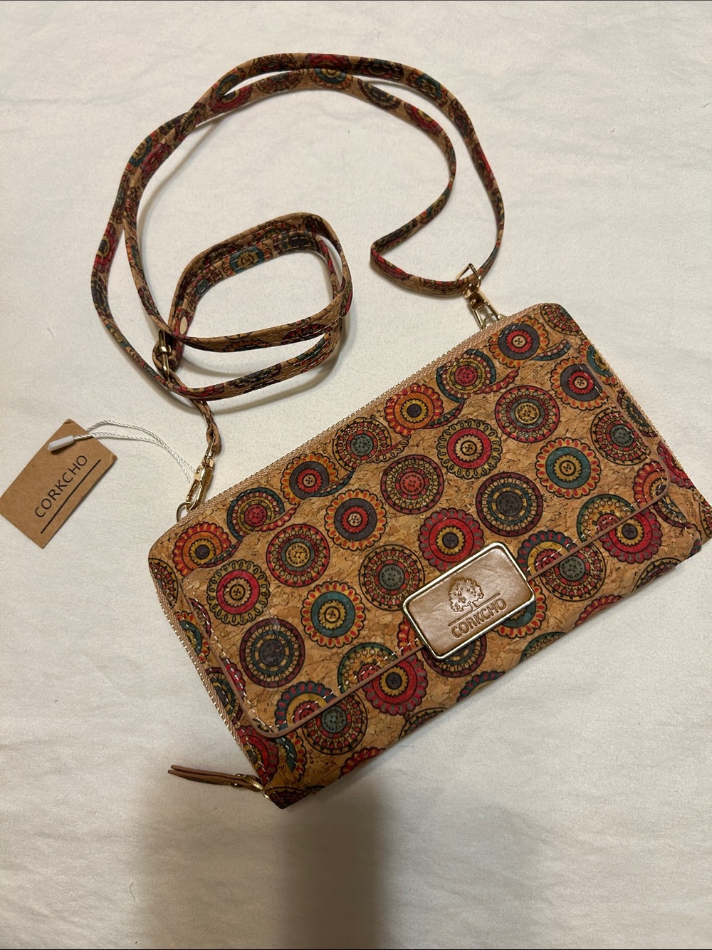 Tan Multicolor Medallion Crossbody Wallet